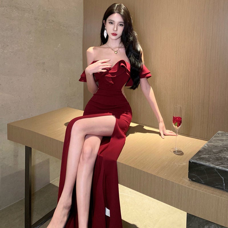 Black Evening Dress Style French One-Shoulder Accessible Luxury Elegant Slimming Look Celebrity Host Fishtail - Image 1